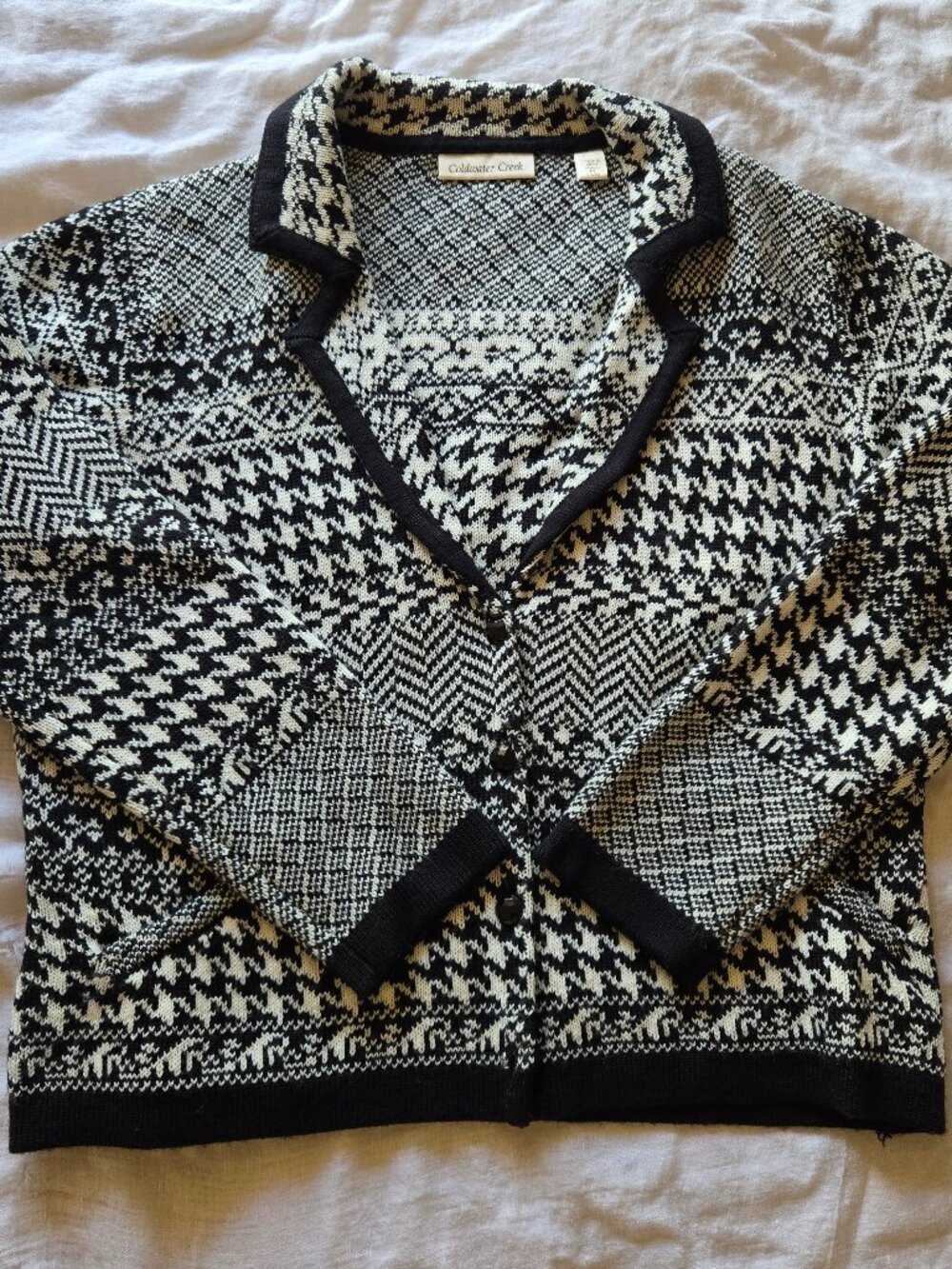 Black White Houndstooth Knit Wool Blend Coldwater Creek Cardigan Collared Button